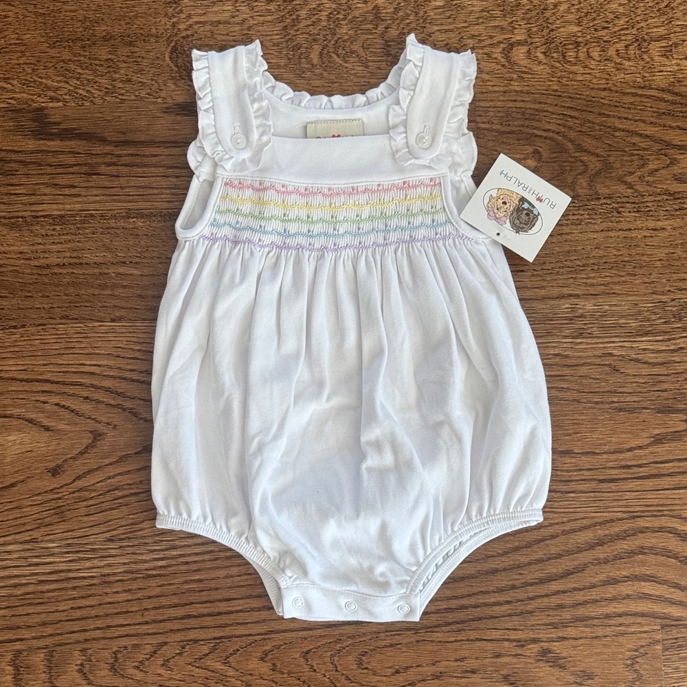 Ruth & Ralph Pastel Smocked Embroidered Ruffle Baby Bubble Romper
